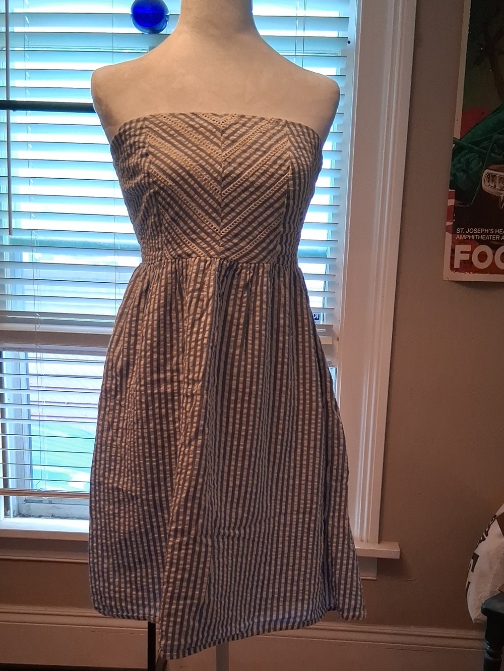 Old Navy Blue and White Strapless Seersucker Dress